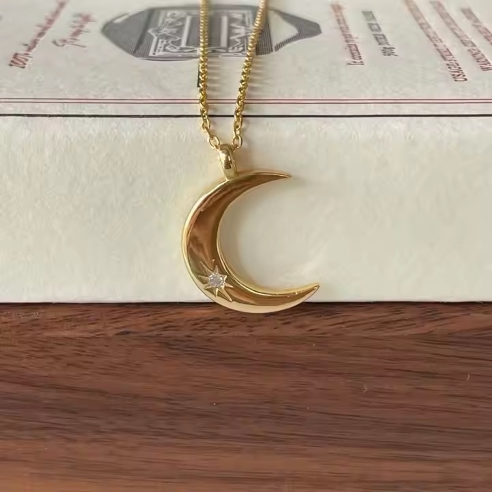 Crescent Gold Pendant Moon Necklace with Star Accent